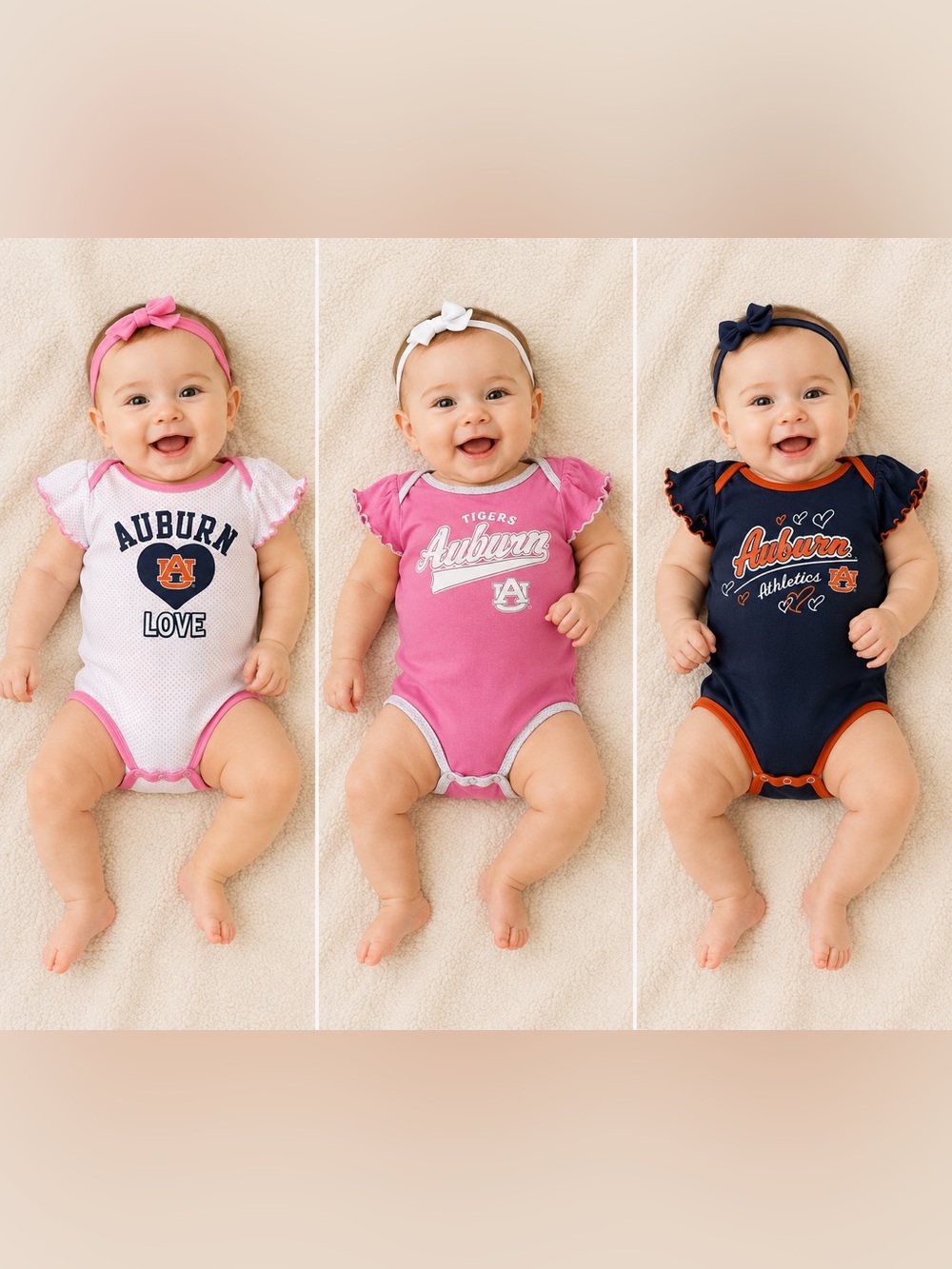 6-9 MTH NCAA Auburn Girls' Three-Pack Bodysuits - Pink, White & Navy